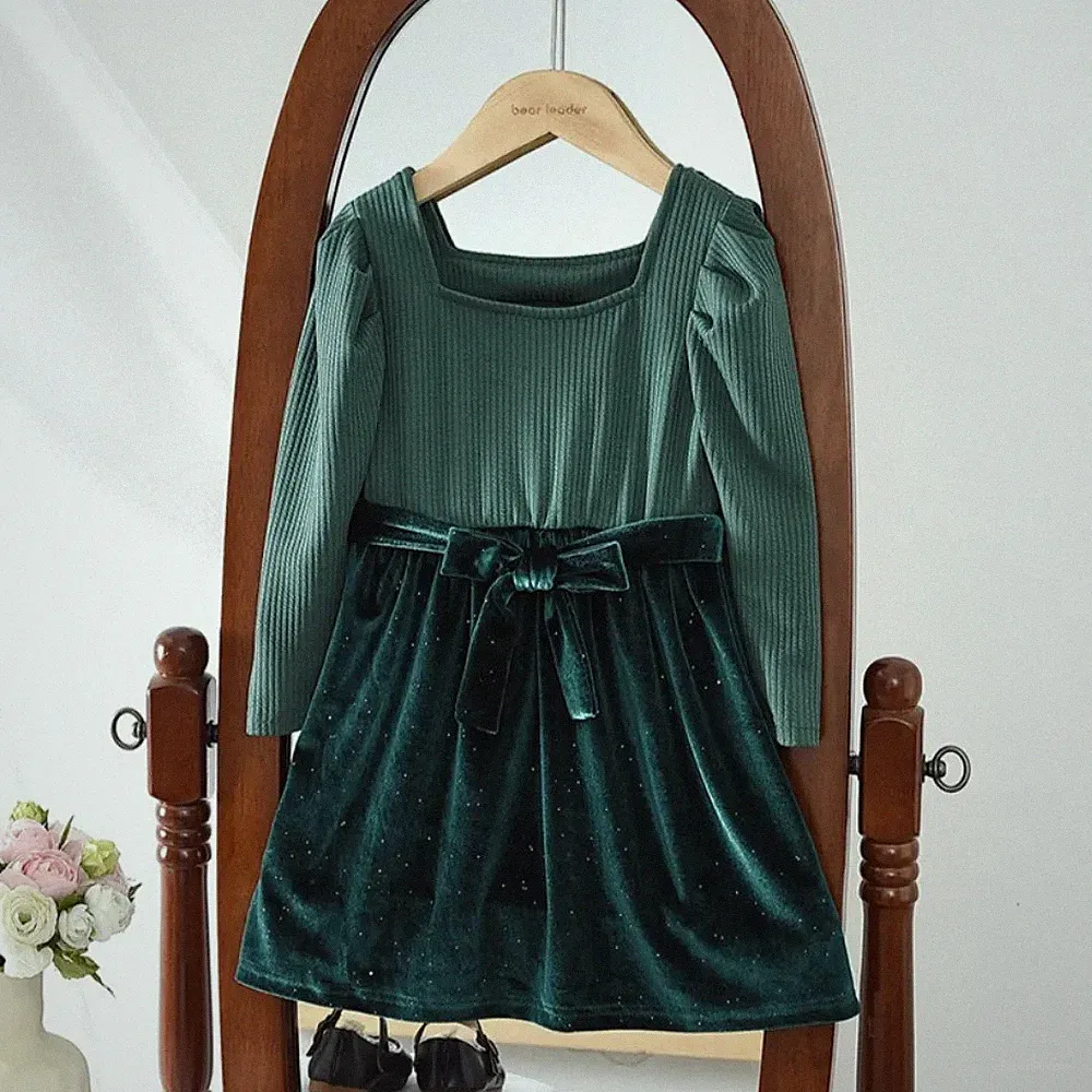 Herbst Mädchen Kleid Langarm Bogen Square Neck Patchwork Casual