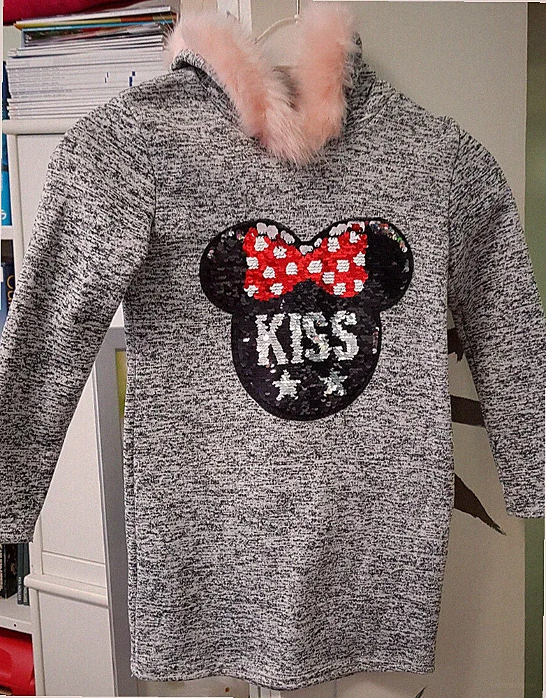 Herbst Winter Kleid mit Minnie Mouse-Kopf aus Pailletten und Kapuze - für 12 J.