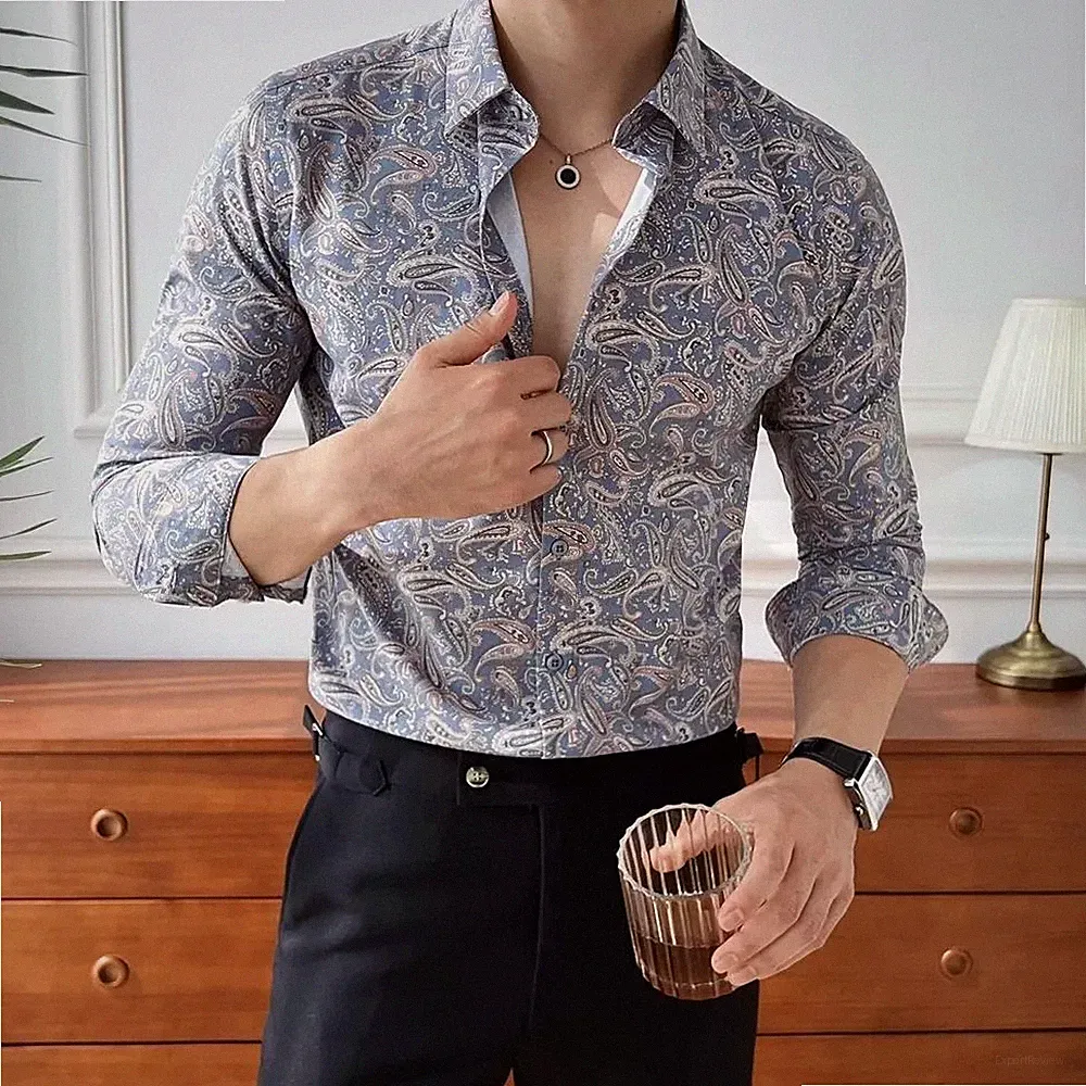 Herren Elegante Hemd Paisley Fantasie Hellblau Slim Fit Für Anlass PX7M4K