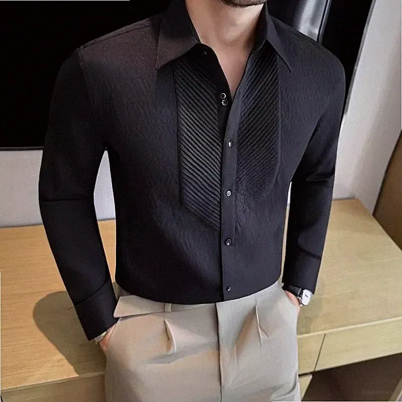 Herren Hemd Schwarz Plissee Elegant Slim Für Abend Luxus CF84Q7