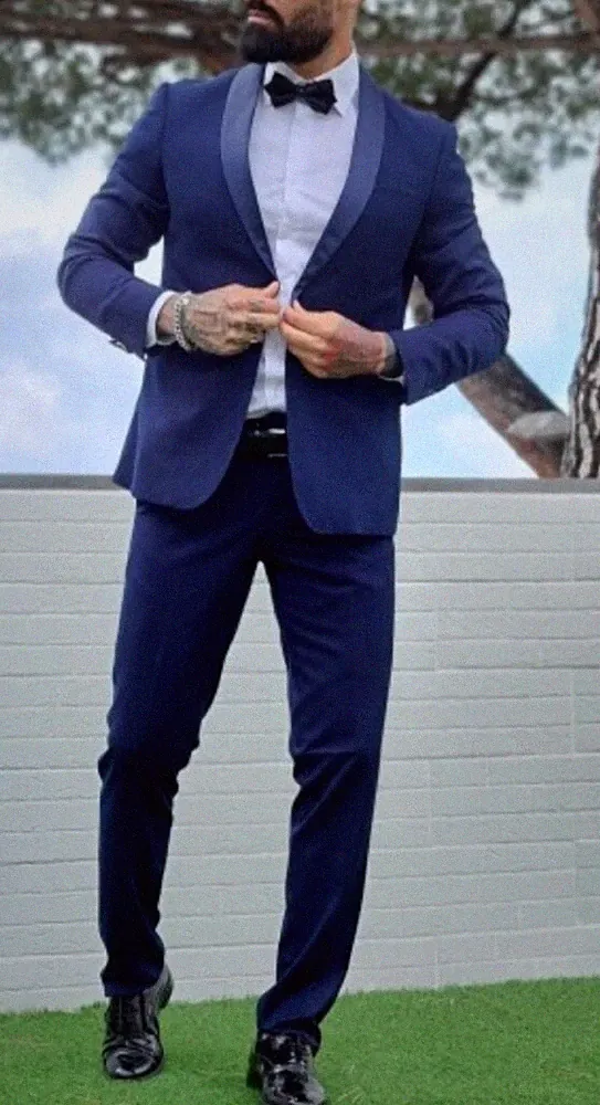 Herren Kleid Smoking Damast Blau Zeremonie Bräutigam