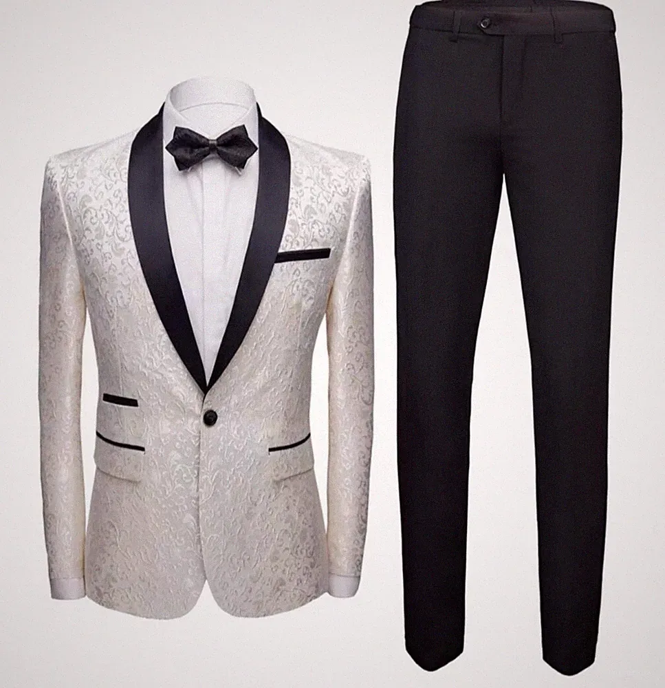 Herren Kleid Smoking Damast Weiß Zeremonie Bräutigam