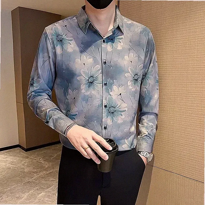 Herrenhemd Blumenmuster Hellblau Slim Elegant für Anlass Zeremonie CF6R2M