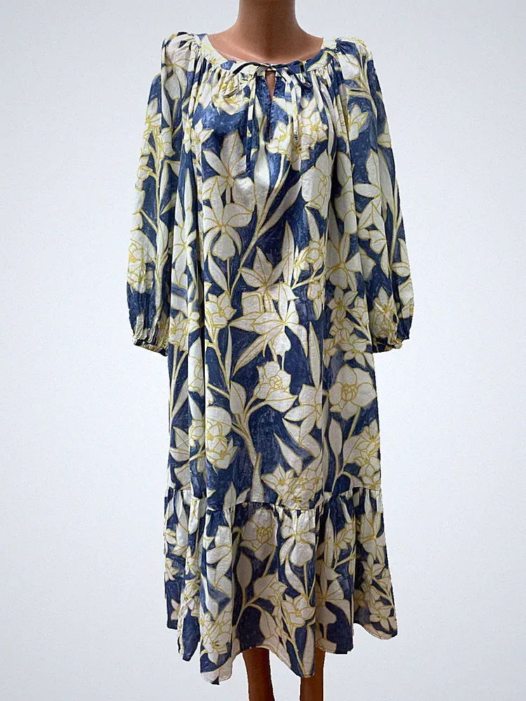 HESSNATUR Damen Kleid Robe Blau Gelb Geblümt Midi Wadenlang 46