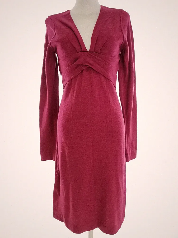 HFN Damen A-Linien-Kleid Gr. L Fuchsia Acryl Langer Ärmel Midi V-Ausschnitt