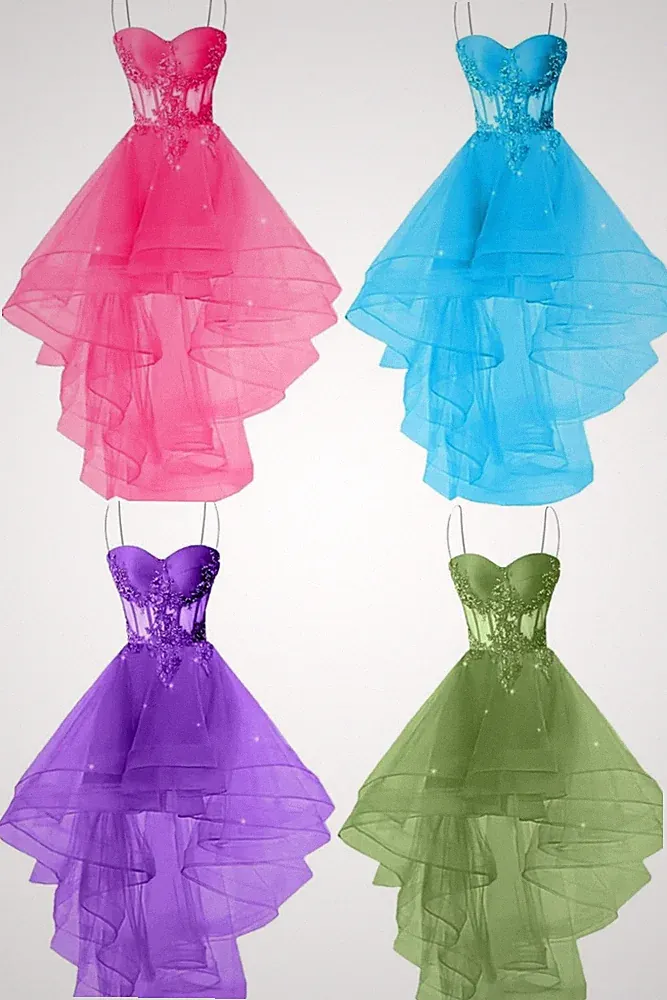 Hi‑Lo Abschlussballkleid A‑Linie Tüll Spitze Spaghettiträger für Teenager