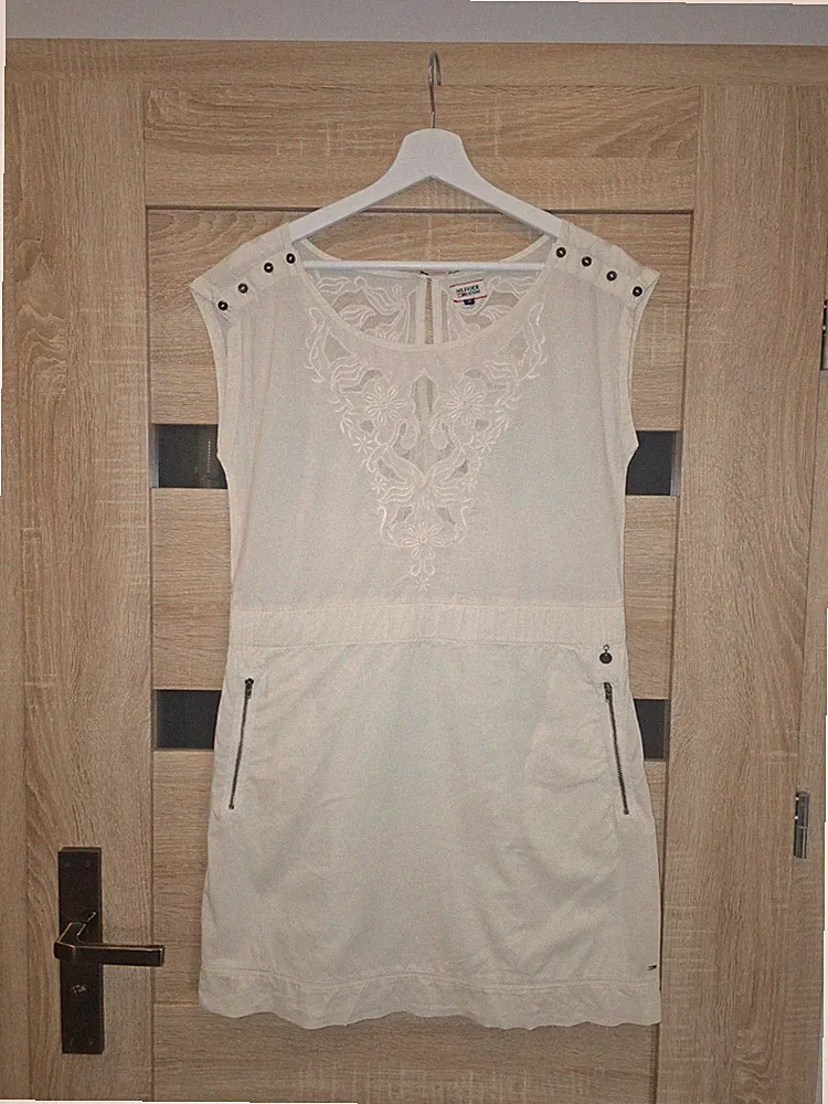 Hilfiger Denim Damen Kleid S Creme Y2K Style Stickerei Reißverschlusstaschen
