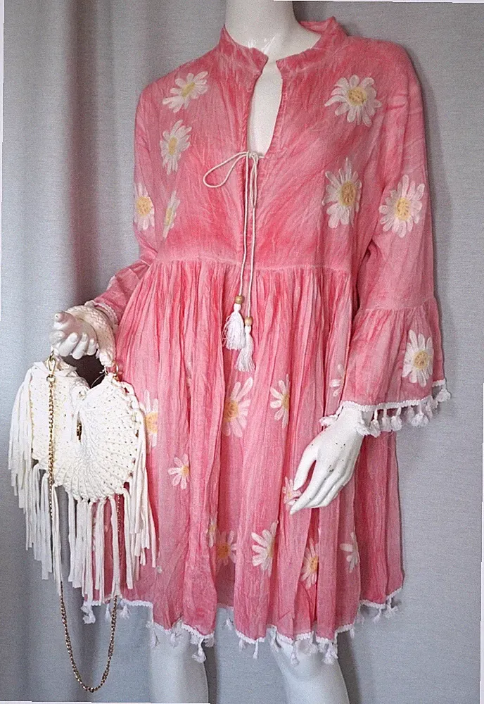 Hippie Boho Flower Tunika Kleid Hängerchen Margerite Batik Rosa 36,38,40,42 Neu
