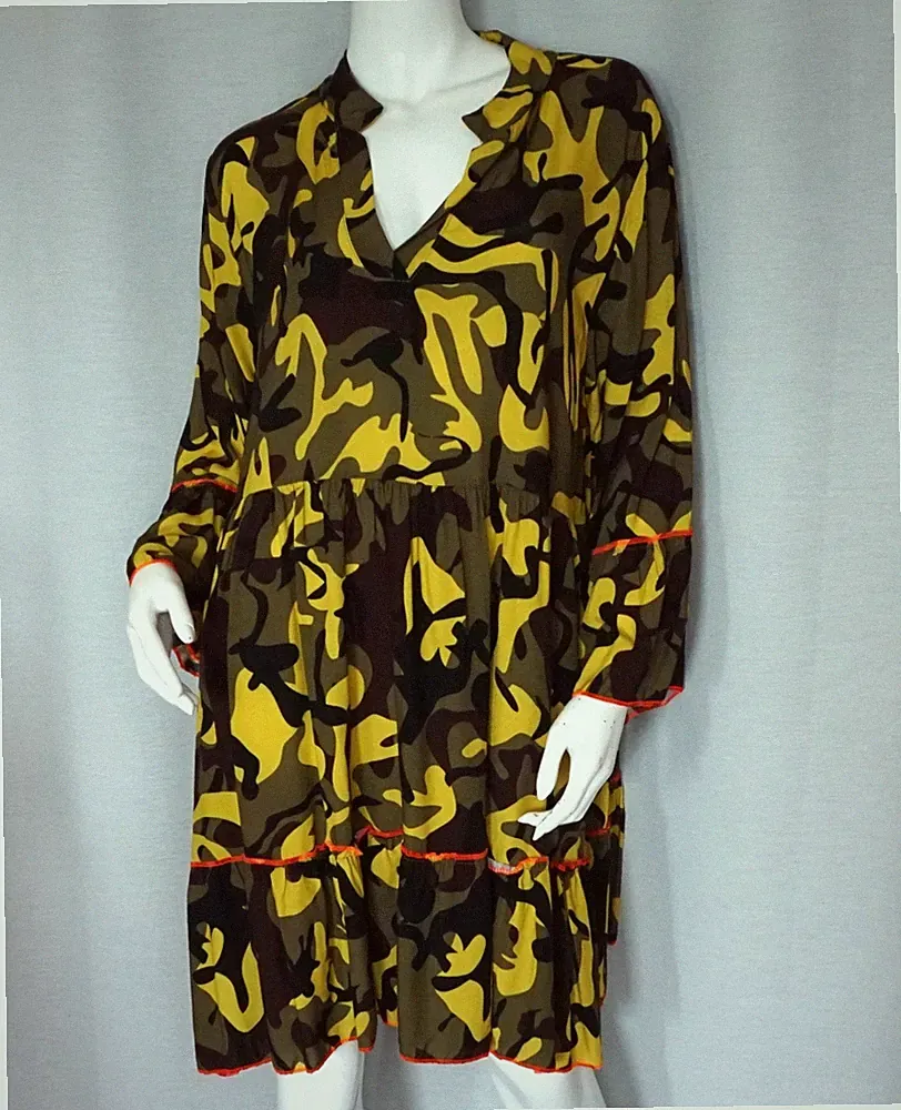 Hippie Boho Tunika Kleid Stufen Hängerchen Camouflage Gelb Neon 38,40,42,44 Neu