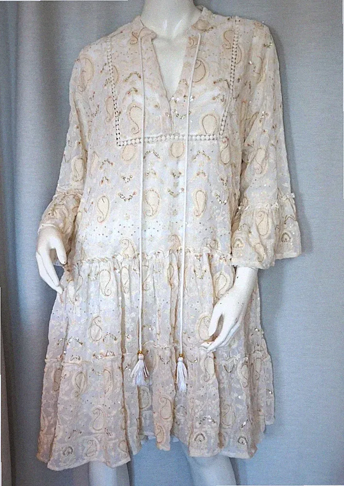 Hippie Tunika Kleid Ton in Ton Stickerei Paisley Pailletten Natur36,38,40,42 Neu