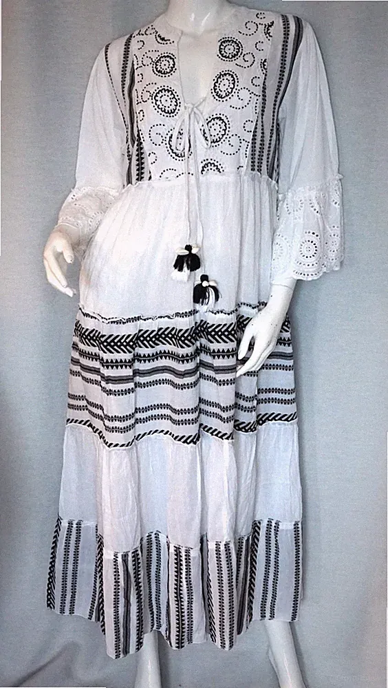 Hippie Tunika Maxikleid Ibiza Ethno Kleid Perlen&Lochstickerei 36,38,40,42 Neu