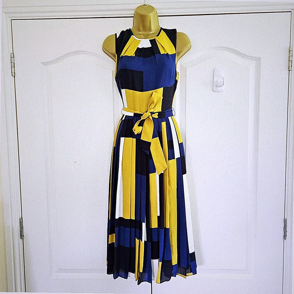 Hobbs Alba Plissee Midikleid UK 8 blau gelb Colourblock Gürtel Hochzeitsgast