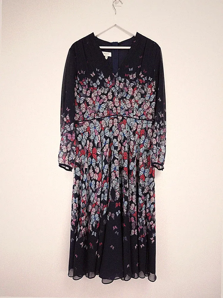 Hobbs Aurora Kleid Größe 16 marineblau Schmetterlingsmuster Chiffon Midi Hochzeitsgast