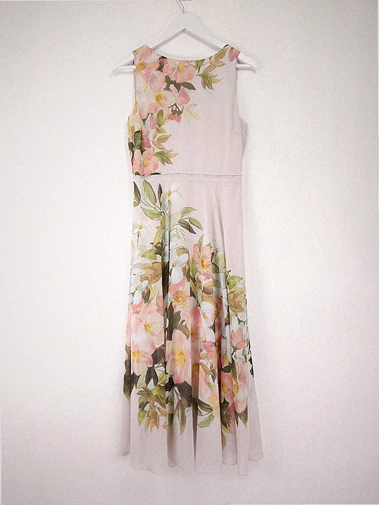 Hobbs Carly Kleid Größe 10 Rosa Blumen Chiffon Ärmellos Midi Hochzeitsgast