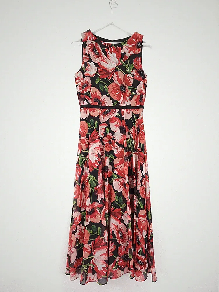 Hobbs Carly Kleid Größe 10 rot Blumen Chiffon Ärmel Midi Hochzeitsgast
