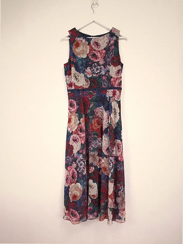 Hobbs Carly Kleid Größe 12 Blumenmuster Chiffon Fit Flare Midi Hochzeit Gast Anlass