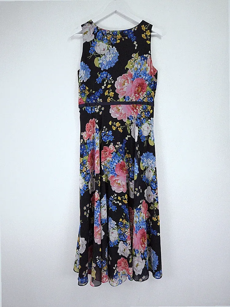 Hobbs Carly Kleid Größe 12 Marine Blumen Chiffon Ärmellos Midi Hochzeitsgast