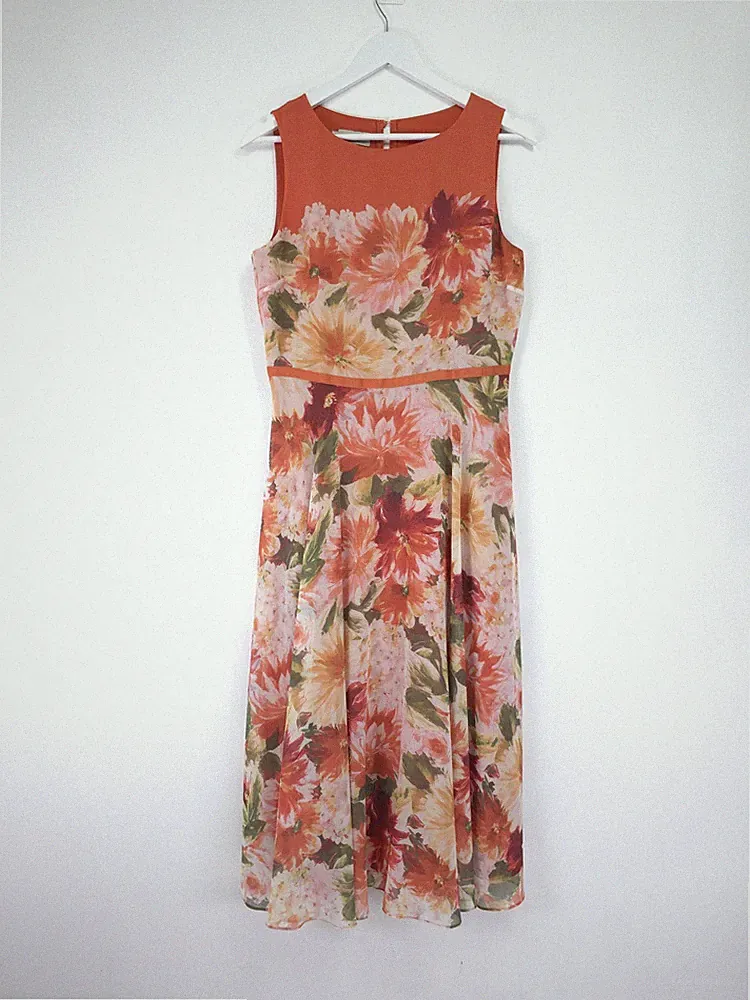 Hobbs Carly Kleid Größe 12 Orange Blumen Chiffon Midi Sommer Hochzeit Gast