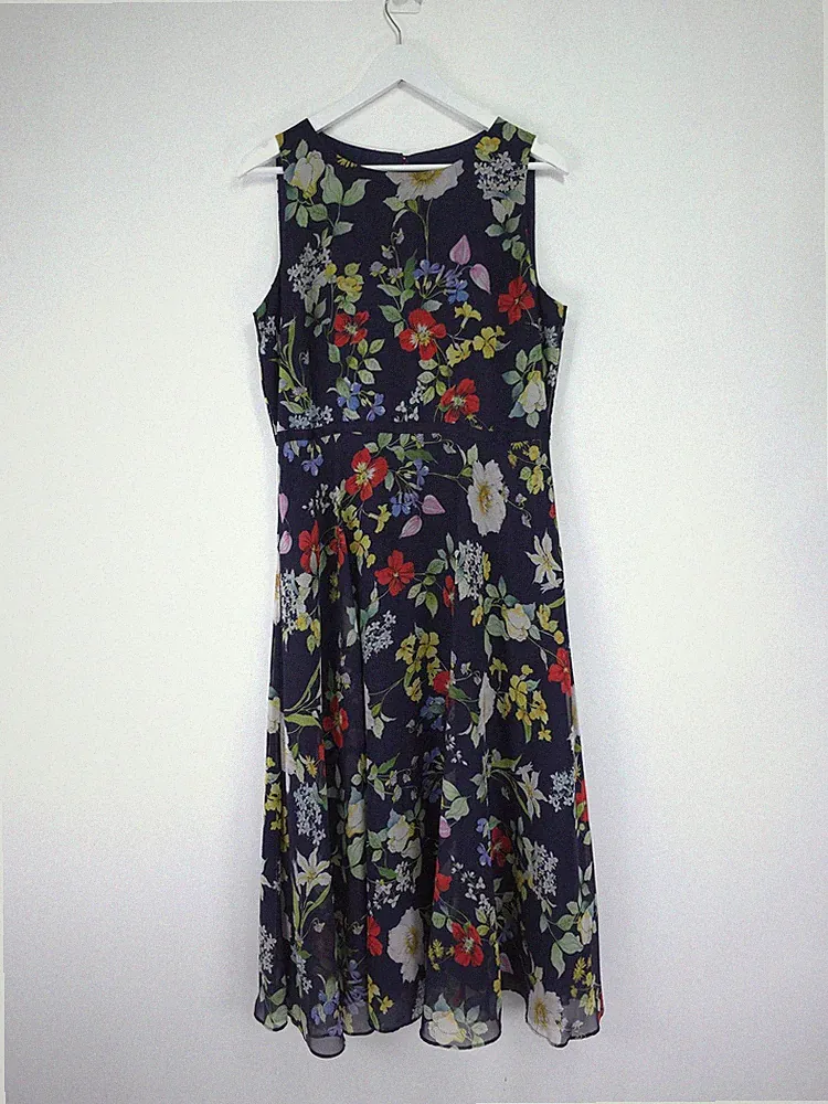 Hobbs Carly Kleid Größe 14 Marine Blumen Chiffon Fit Flare Midi Hochzeitsgast