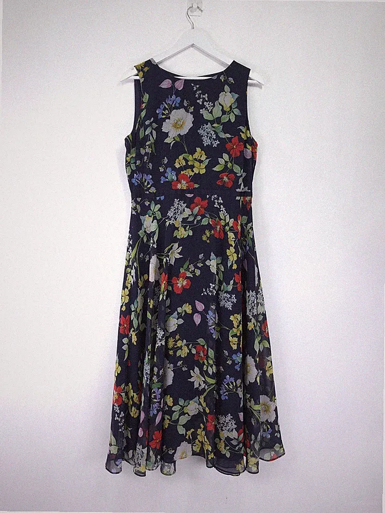 Hobbs Carly Kleid Größe 14 Marineblau Blumen Chiffon Fit Flare Midi Hochzeitsgast