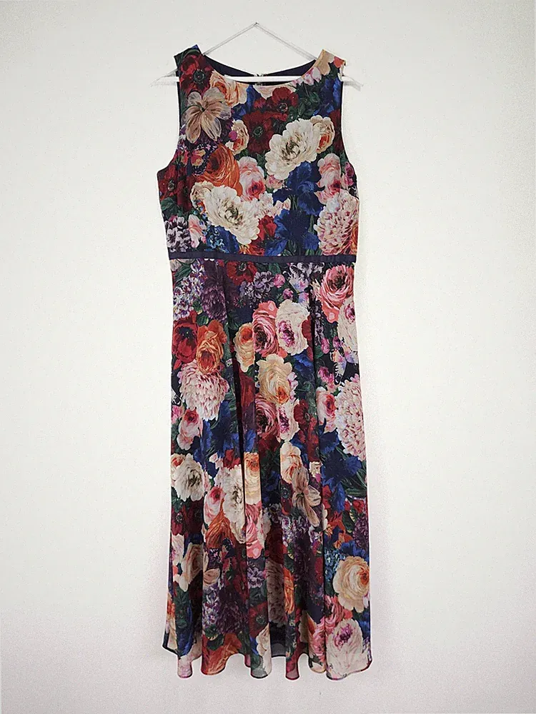 Hobbs Carly Kleid Größe 14 Marineblau Blumen Chiffon Midi Anlass Hochzeit Gast