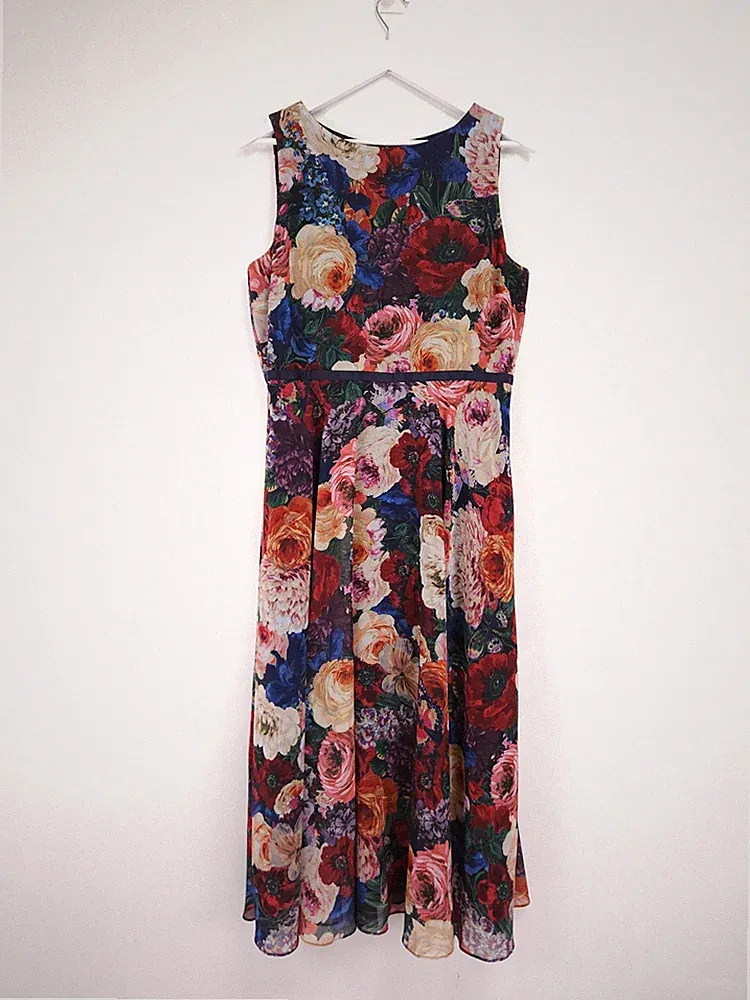 Hobbs Carly Kleid Größe 14 Multi Blumen Chiffon Ärmellos Midi Hochzeitsgast