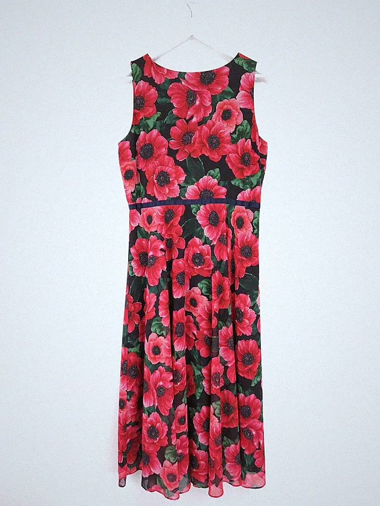 Hobbs Carly Kleid Größe 14 rot Mohnblumen Chiffon Fit Flare Midi Hochzeitsgast