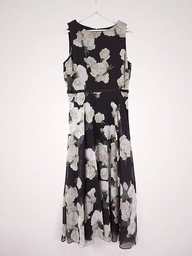 Hobbs Carly Kleid Größe 14 schwarz rosa Blumen Chiffon Maxi Fit Flare Hochzeitsgast