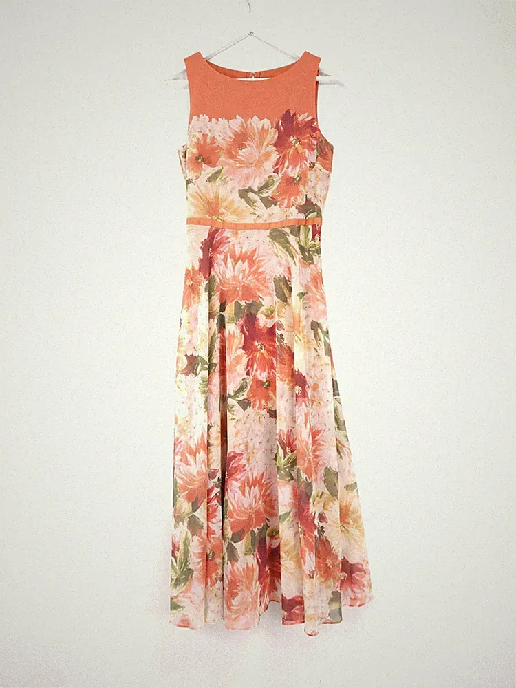 Hobbs Carly Kleid Größe 8 Orange Blumen Chiffon Ärmellos Midi Hochzeitsgast