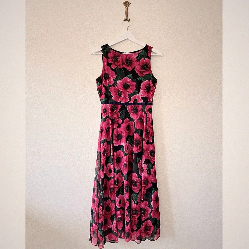 Hobbs Carly Midikleid geblümt Gr. 8 rot schwarz Chiffon gefüttert Hochzeitsgast