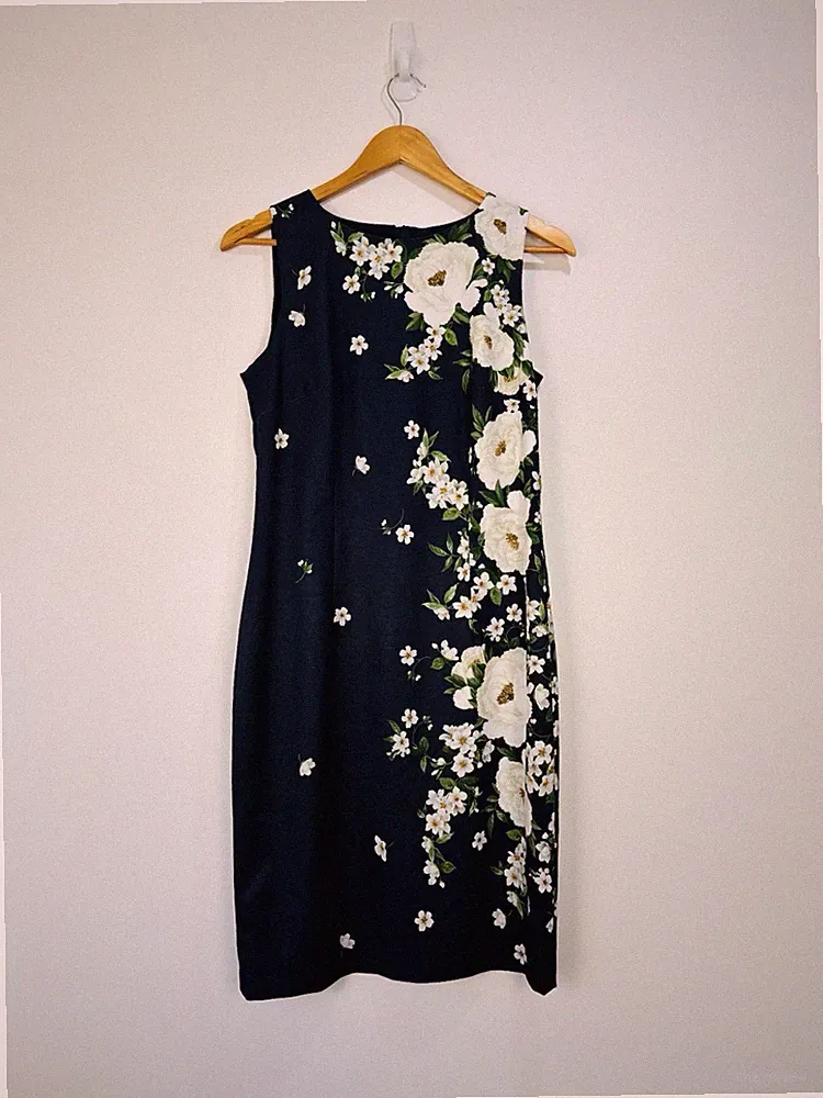 Hobbs Damenkleid Größe 10 marineblau elfenbeinfarben Blumenmuster tailliert formell Hochzeit Gast Anlass