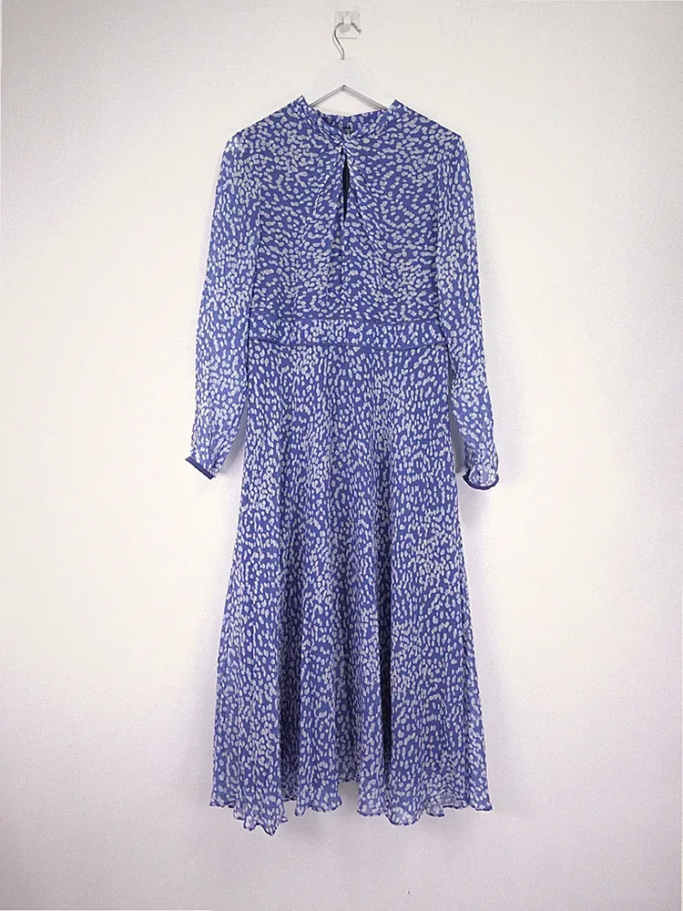 Hobbs Helena Kleid Größe 14 blau gepunktet 100 % Seide Chiffon Midi Hochzeitsgast