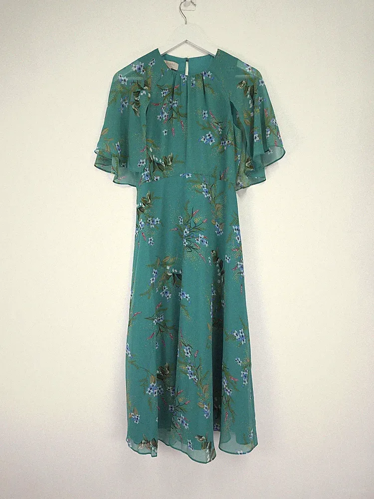 Hobbs Jaida Kleid Größe 8 grün Blumen Chiffon Midi Flatterärmel Hochzeitsgast