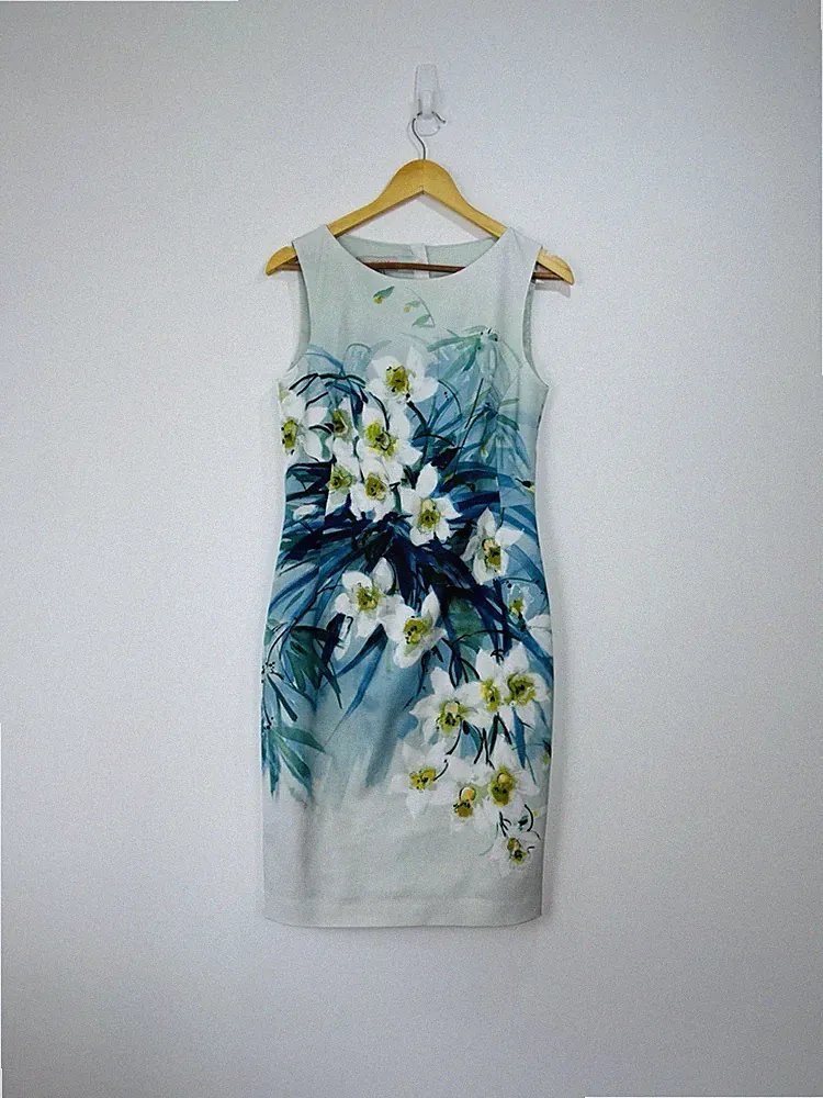 Hobbs Kleid Damen Größe 10 blau neuwertig Blumen Hochzeitsgast Brautmutter