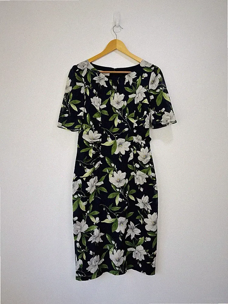 Hobbs Kleid Damen Größe 10 Marineblau Elfenbein Blumenmuster Seide Anlass Hochzeit Gast