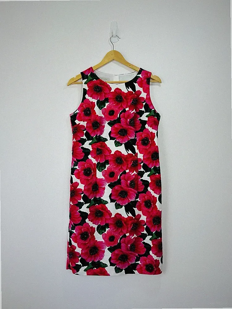 Hobbs Kleid Damen Größe 10 rot weiß Blumenmuster tailliert Etui Hochzeit Gast Anlass