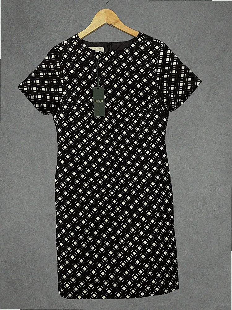 Hobbs Kleid Damen UK 10 Schwarz Simona Über Knie Kurzarm A-Linie Boho Chic