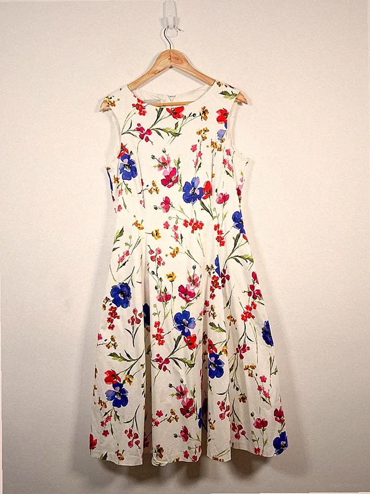 Hobbs Kleid Gr. 14 weiß Cleo Blumendruck Midi Anlass Hochzeit Gast Funktion