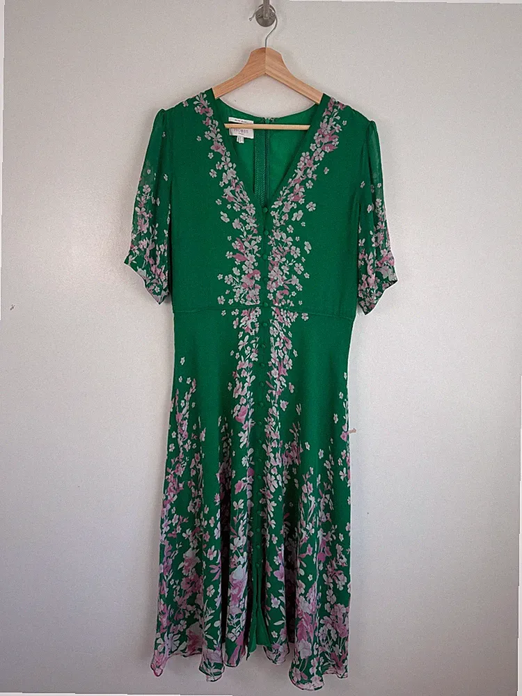 Hobbs Kleid Gr. UK 14 grün reine Seide Midi Blumen Anlass Hochzeit Gast Party