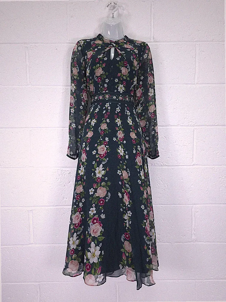 Hobbs Kleid Größe 10 grün geblümt 100 % Seide Midi Langarm Hochzeitsgast