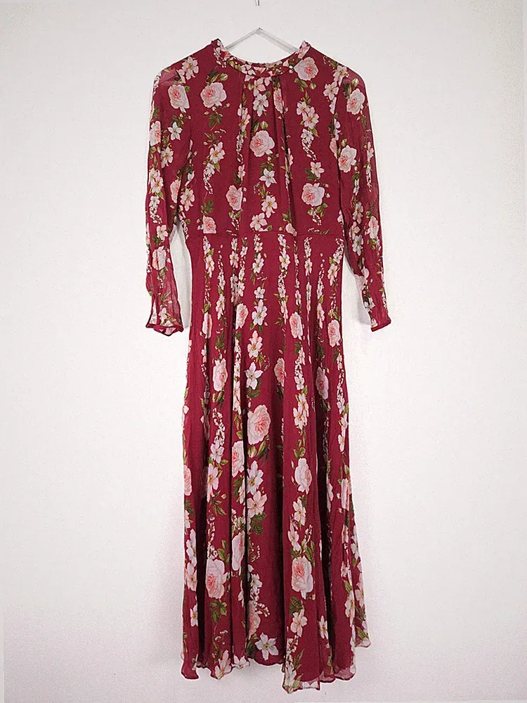 Hobbs Kleid Größe 12 Burgunderrot Blumenmuster 100 % Seide Midi Langarm Hochzeitsgast