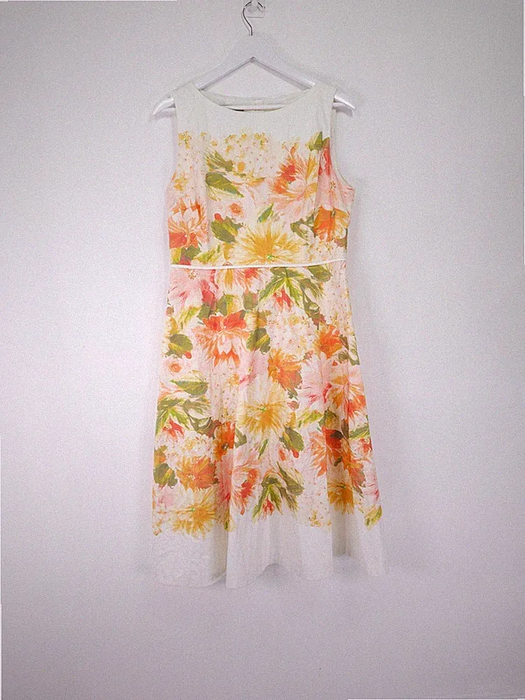 Hobbs Kleid Größe 14 Dahlie Orange Blumendruck Midi Anlass Hochzeit Gast