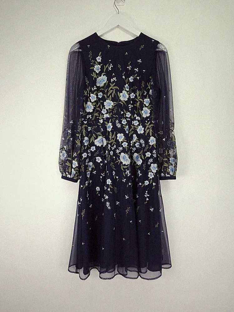 Hobbs Lois Kleid Größe 12 marineblau Blumen bestickt Tüll Midi Hochzeitsgast