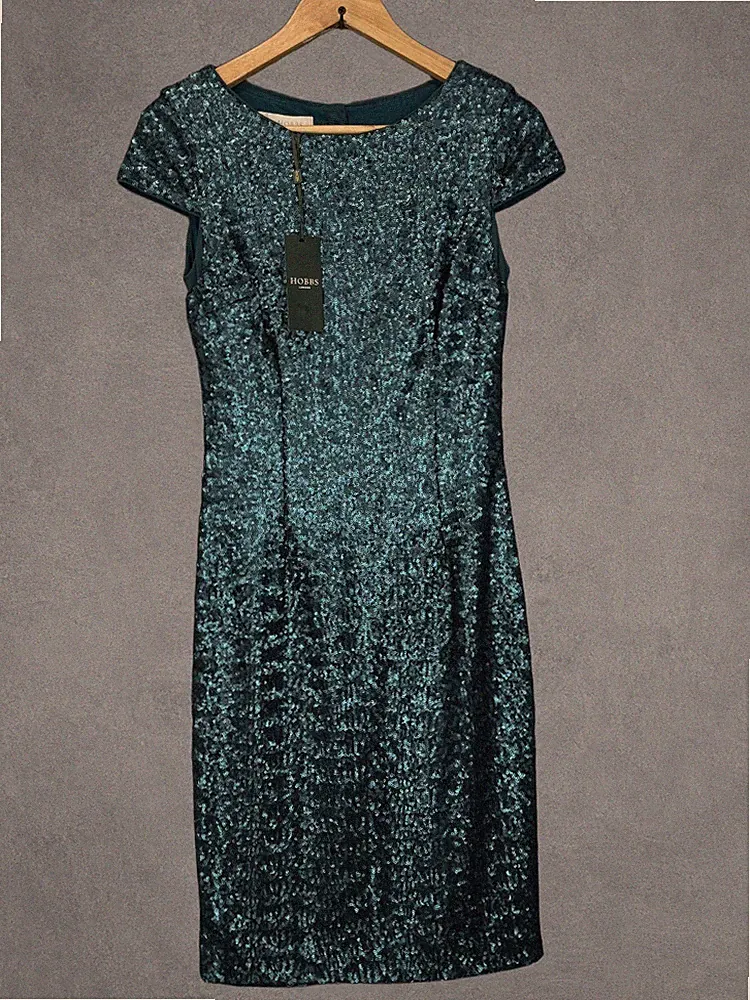 Hobbs Midikleid Damen UK 8 türkis blau Portia Pailletten Hochzeit MOTB A-Linie schick
