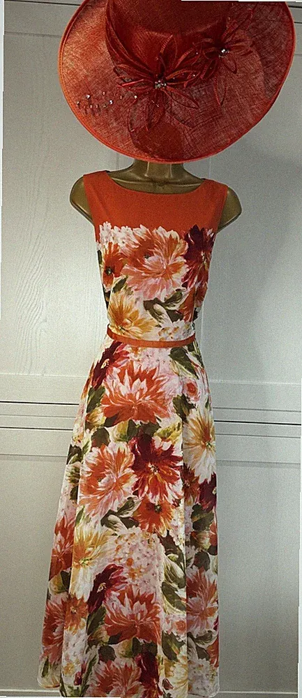 Hobbs Midikleid UK 12 orange Blumen Hochzeit Mutter Gast Rennen Party Anlass