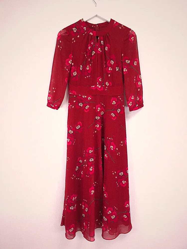 Hobbs Samantha Kleid Größe 10 rot Blumen Chiffon Midi Hochzeit Gast Party Rennen