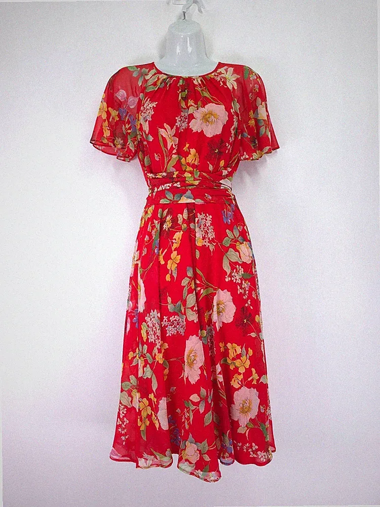 Hobbs Sarah Kleid Größe 10 rot Blumen Chiffon Midi Flatterärmel Hochzeitsgast