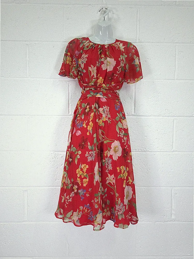 Hobbs Sarah Kleid Größe 10 rot Blumen Chiffon Midi Flatterärmel Hochzeitsgast