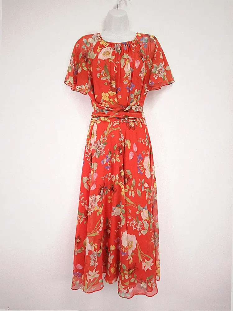 Hobbs Sarah Kleid Größe 14 rot Blumen Chiffon Midi Flatterärmel Hochzeitsgast