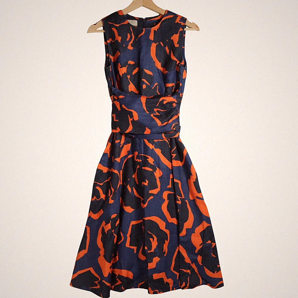 Hobbs Twitchill Kleid Gr. UK 8 marine orange reines Leinen Blumen kräftig Hochzeitsgast